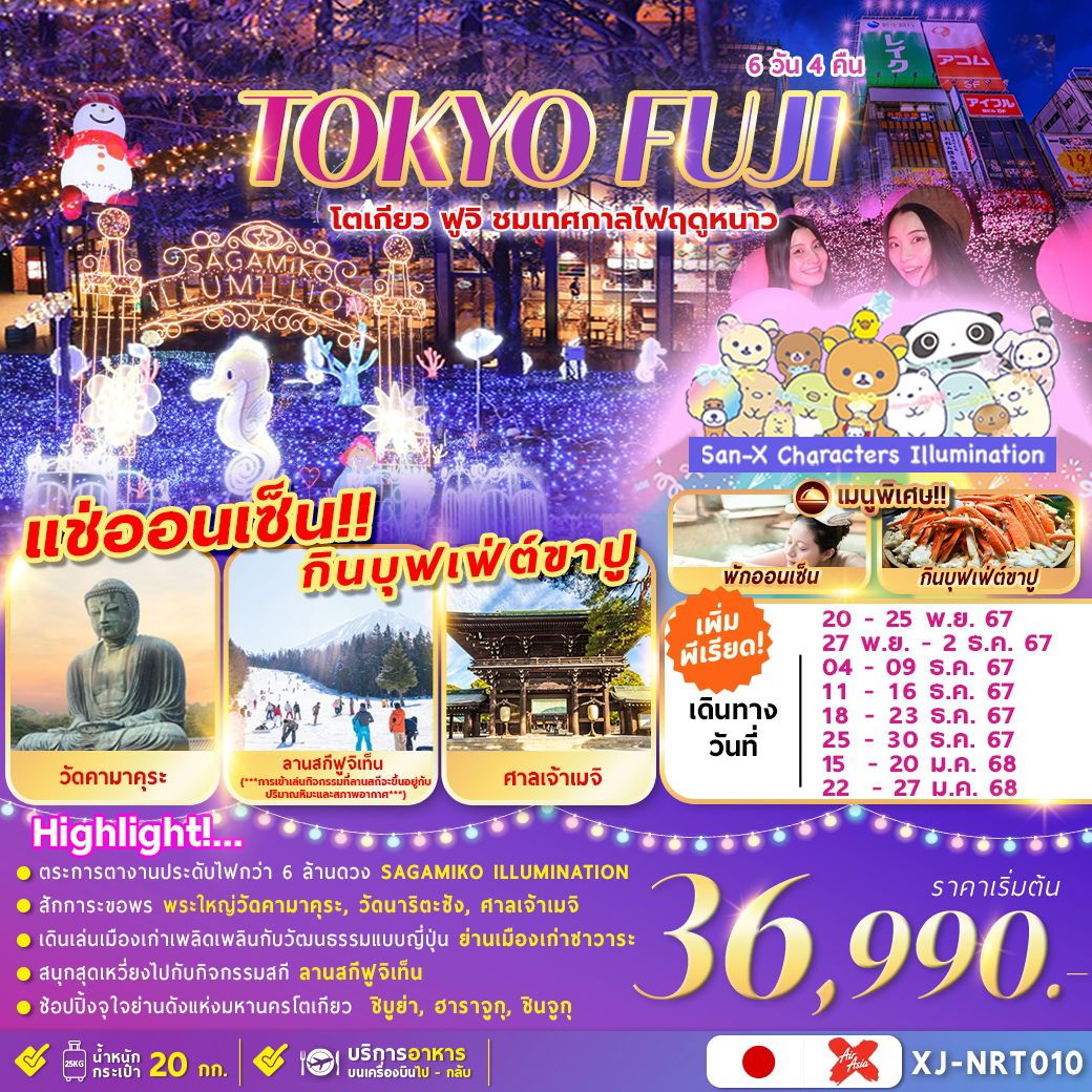 ทัวร์ญี่ปุ่น TOKYO FUJI ชมงานประดับไฟ เล่นสกีฤดูหนาว อิสระช้อปปิ้ง 6วัน 4คืน (XJ)